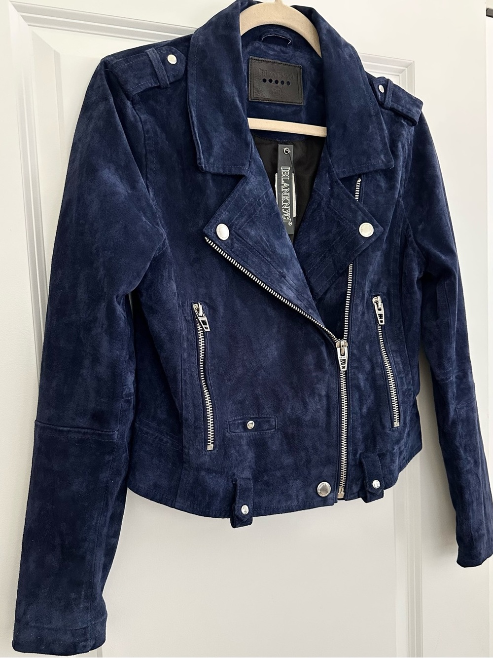 100% Suede Leather Fall Navy Blue Moto Jacket - Blank NYC - Picture 3 of 17